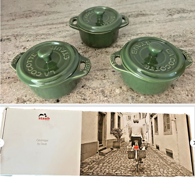 STAUB Ceramic  3-pc Mini Round Cocotte Set-Rare Basil Green-New In Box