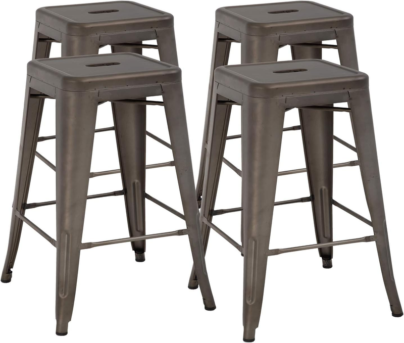 24 Inch Metal Stools Bar Stools Set Height Stackable Barstools Indoor Outdoor Dining Backless Kitchen Bar Stools Set of 4 (Brown)