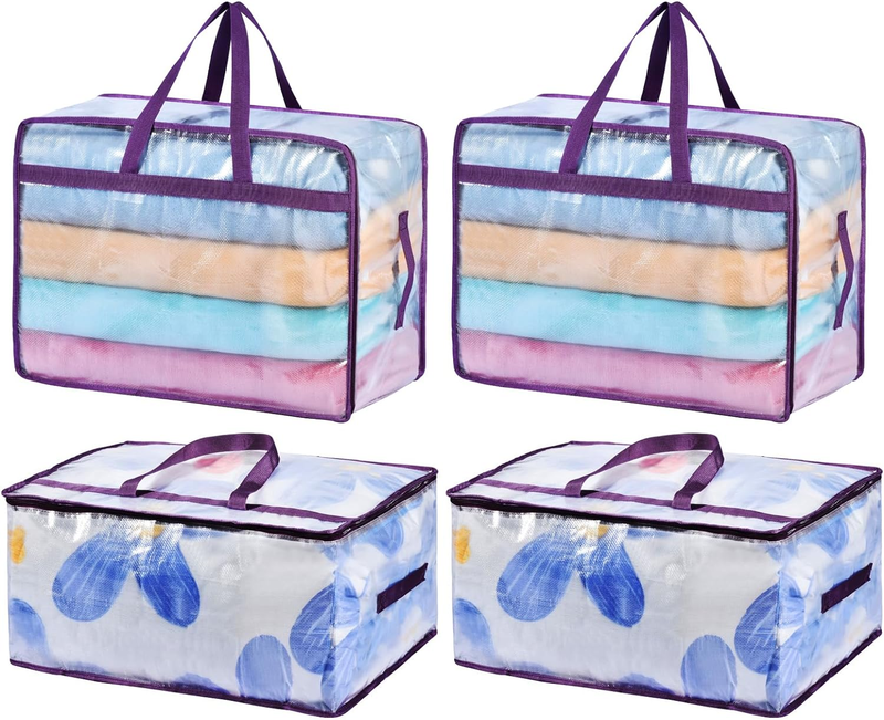 20 Gallon Large Clear Blanket Storage Bags for Bedding with Zipper Handles, 76L Oversized Comforter Storage Bag King Size, Folding Plastic Bedding Storage for Clothes, Bed Sheet, Pillow, Toys, 4Pack