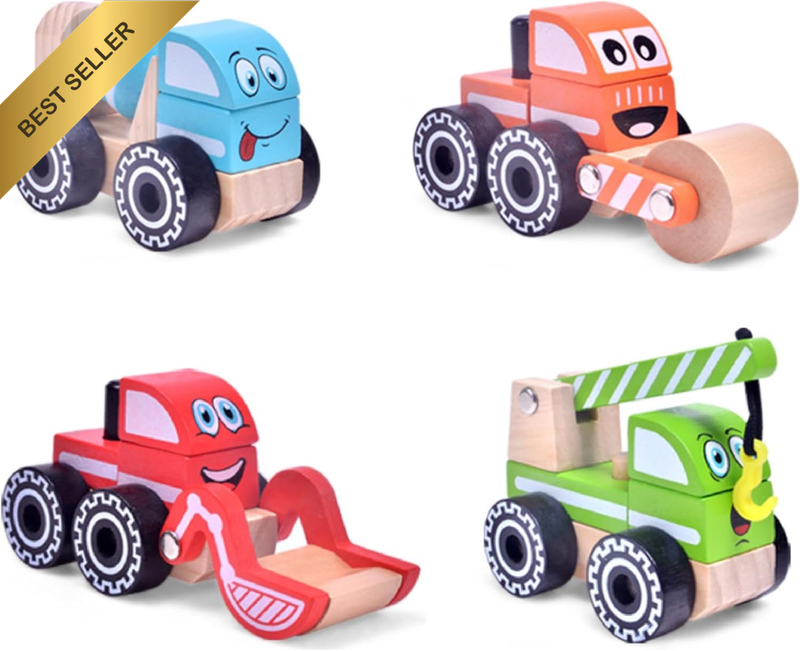 Wooden Toy Car Set, 4-Piece Construction Vehicles Toy Set, Toddlers Montessori W