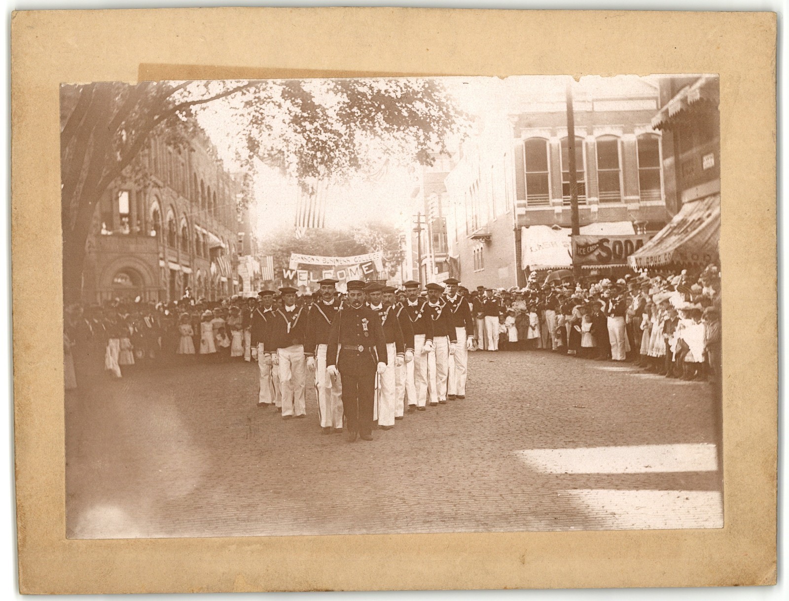 Cabinet Card Circa 1890s St. Johns Business College Naval Parade Welcome Iowa