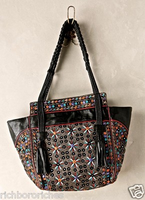 

Сумка-тоут Anthropologie Antik Batik Achala на плечо, черная кожа, вышивка бисером НОВИНКА, Anthropologie Antik Batik Achala Tote
