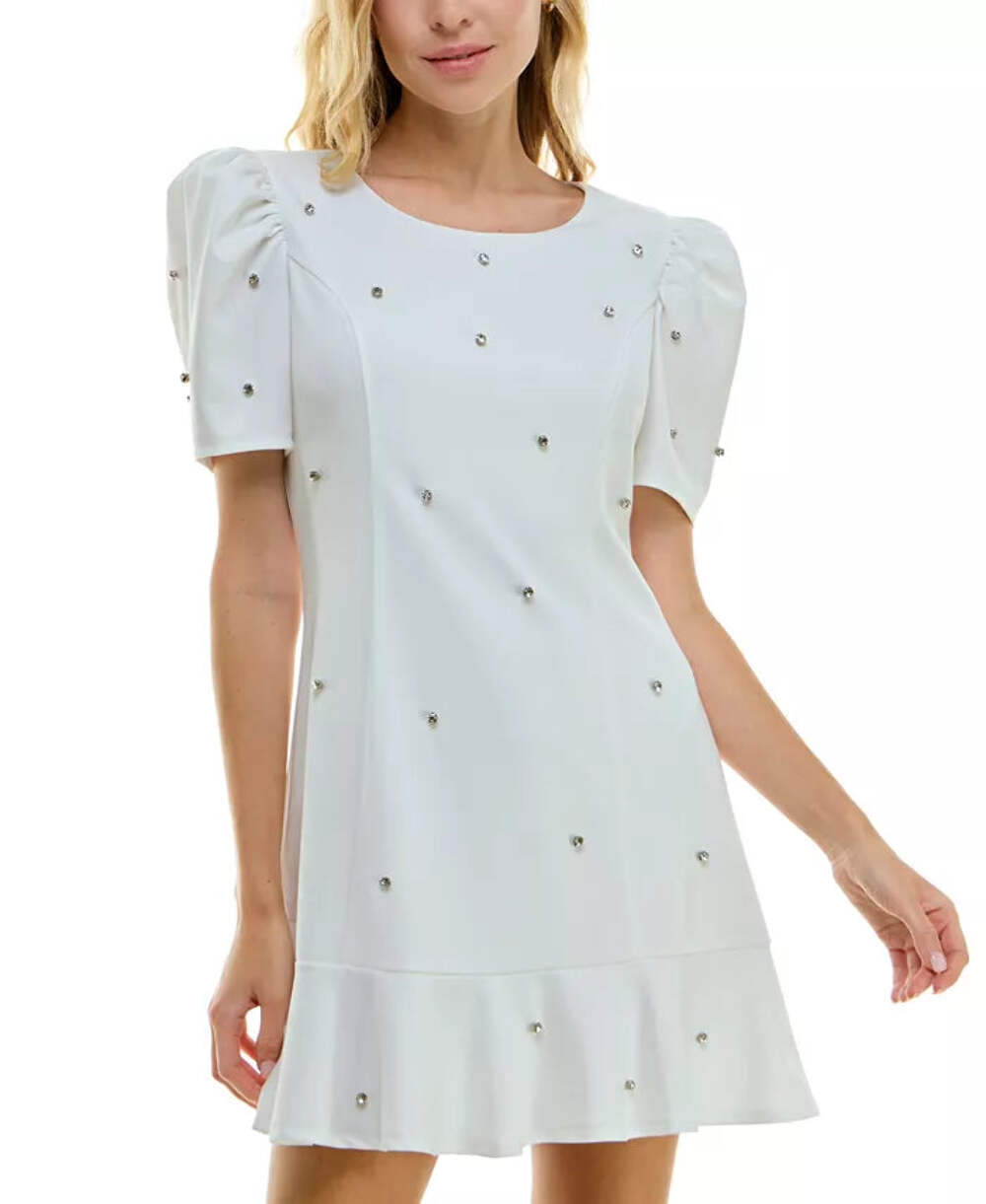 Crystal Doll Juniors' Puff-Sleeve Rhinestone-Trim Dress 8A