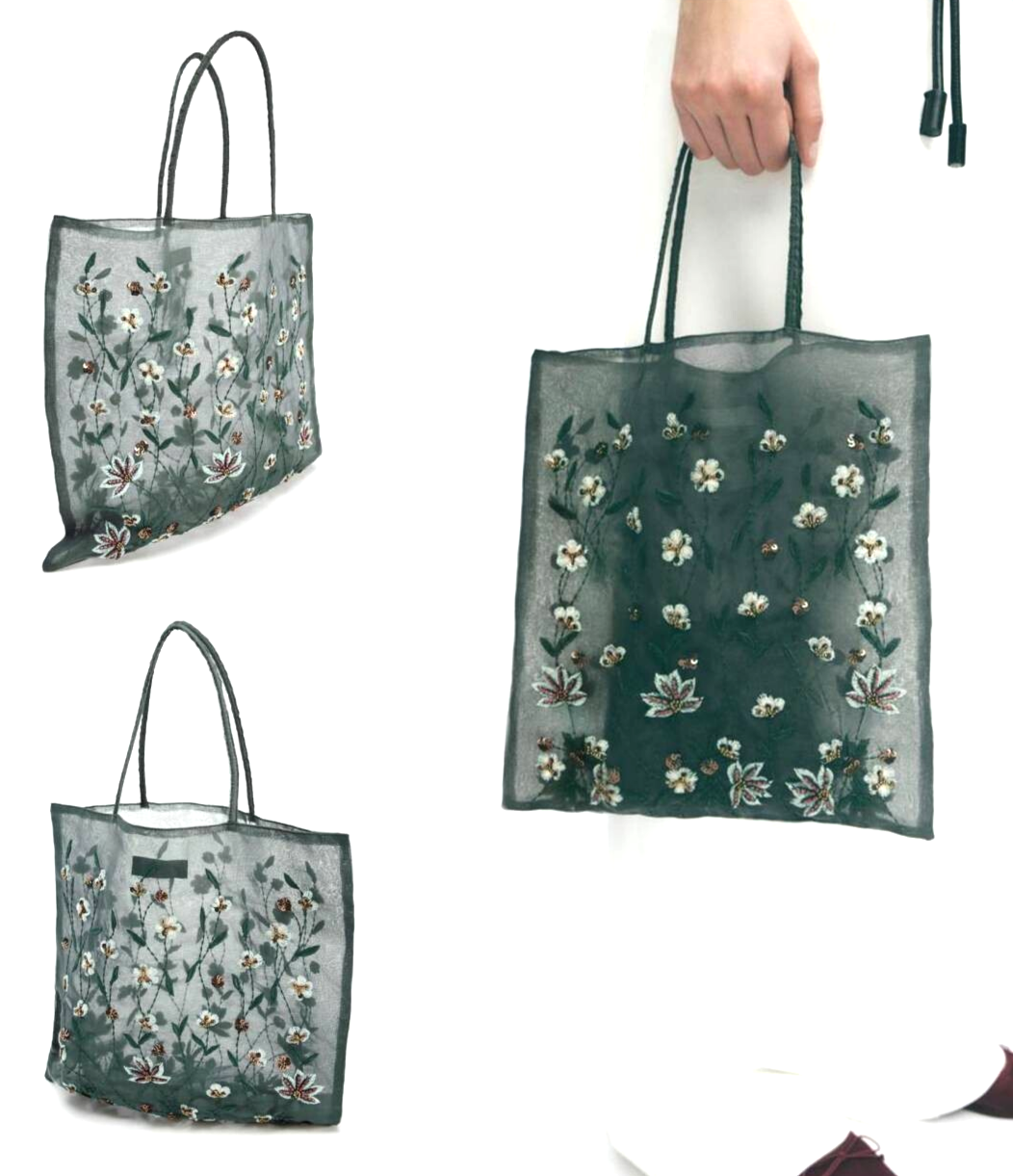 Zara Embroidered Fabric Bag Blue 6385/410/400 Floral Detail