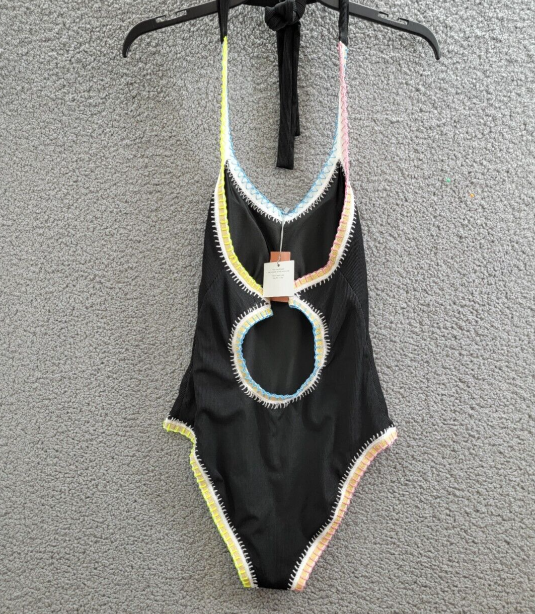 Ferrarini x PQ Crochet-Trim One-Piece Swimsuit Women's L Black Multi Tie Closure - Picture 9 of 13