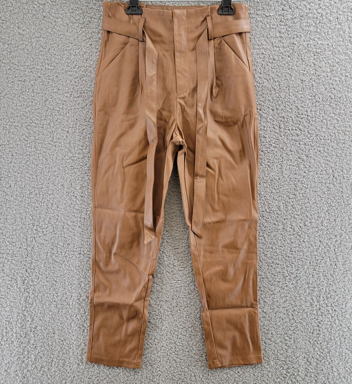 Lucy Paris Faux Leather Paperbag-Waist Pants Women's S Cognac Zip Front Closure - Picture 2 of 18
