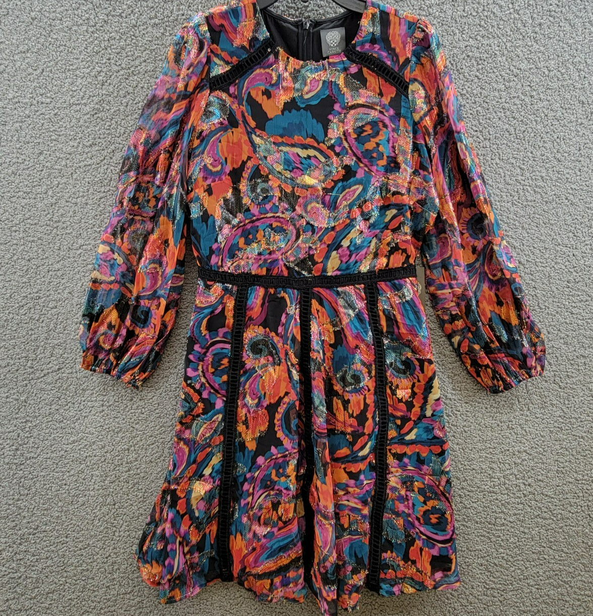 Vince Camuto Metallic Chiffon Fit & Flare Dress Women's 6 Multi Quarter Sleeve - Picture 2 of 18