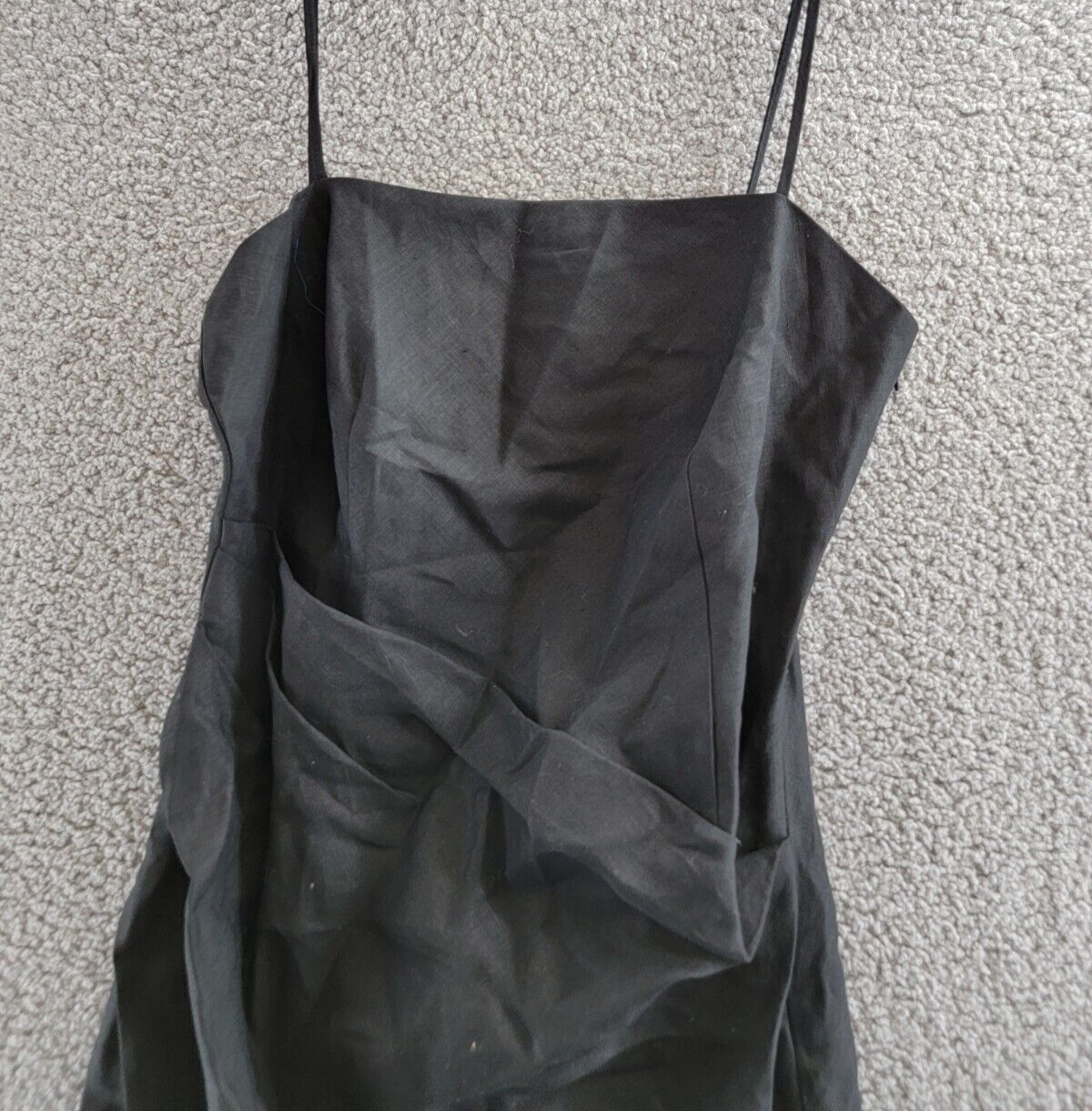Pre-owned Theory Linen Side Pleat Mini Dress Womens 8 Black Straight Neck Side Zip Closure