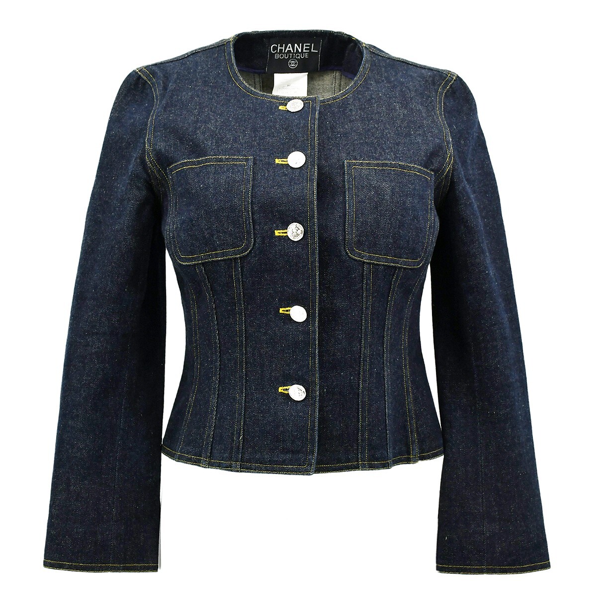 ♡CHANEL デニムジャケット　ツイードトリミング　36 Chanel Single Breasted Collarless Denim Jacket Indigo 96P