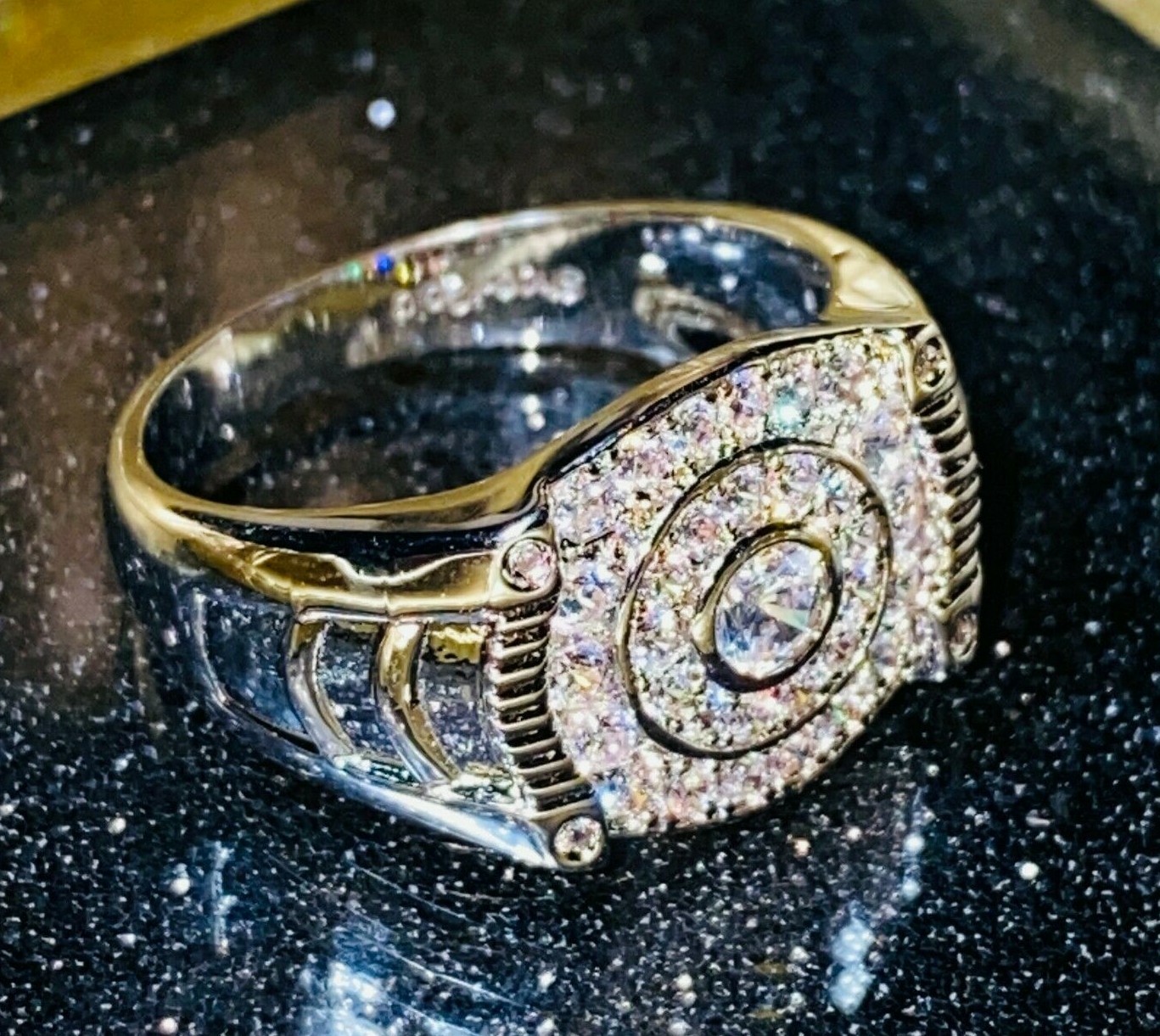 Pinky Men's Square Band Ring Iced CZ Hiphop 14k White Gold