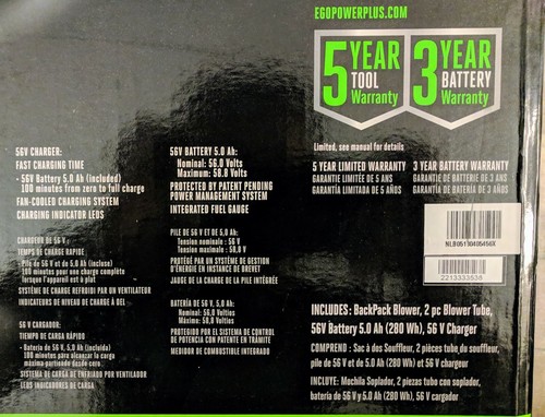 EGO Backpack Blower 145 MPH 600 CFM 56-Volt Lithium-ion Cordless W 5.0Ah Battery