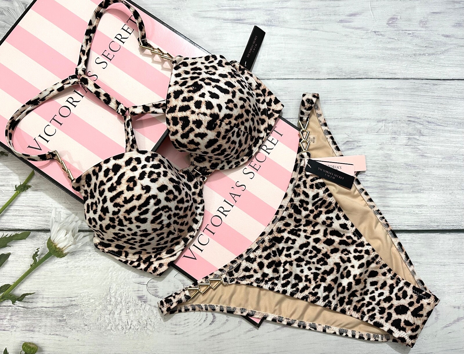 

VICTORIAS SECRET SWIM Metal CHAIN Бюстгальтер Push Up Top Бразильский комплект Леопардовый, Leopard