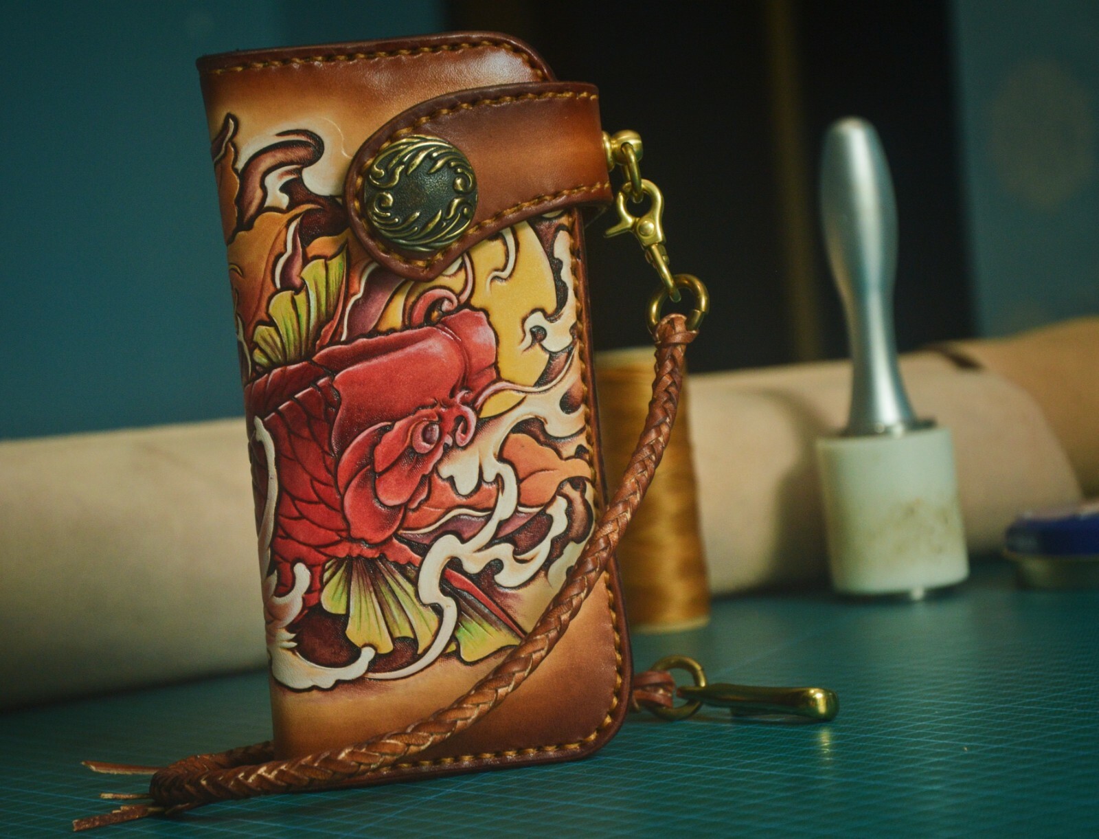 Custom Leather Biker Wallet Chain Carp Carved Wallet