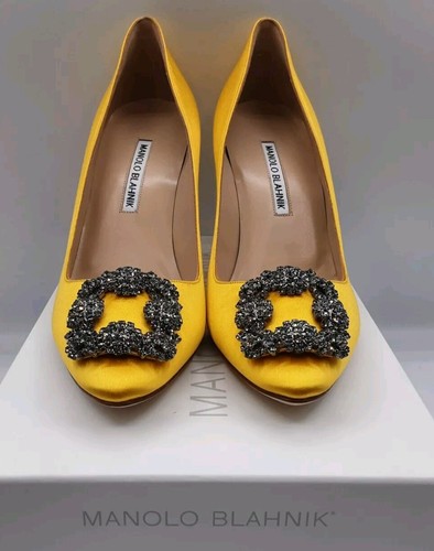 Pre-owned Manolo Blahnik Hangisi 90 Yellow Satin Jewel Buckle Pumps Heels Eu 37 Us 7 $1195
