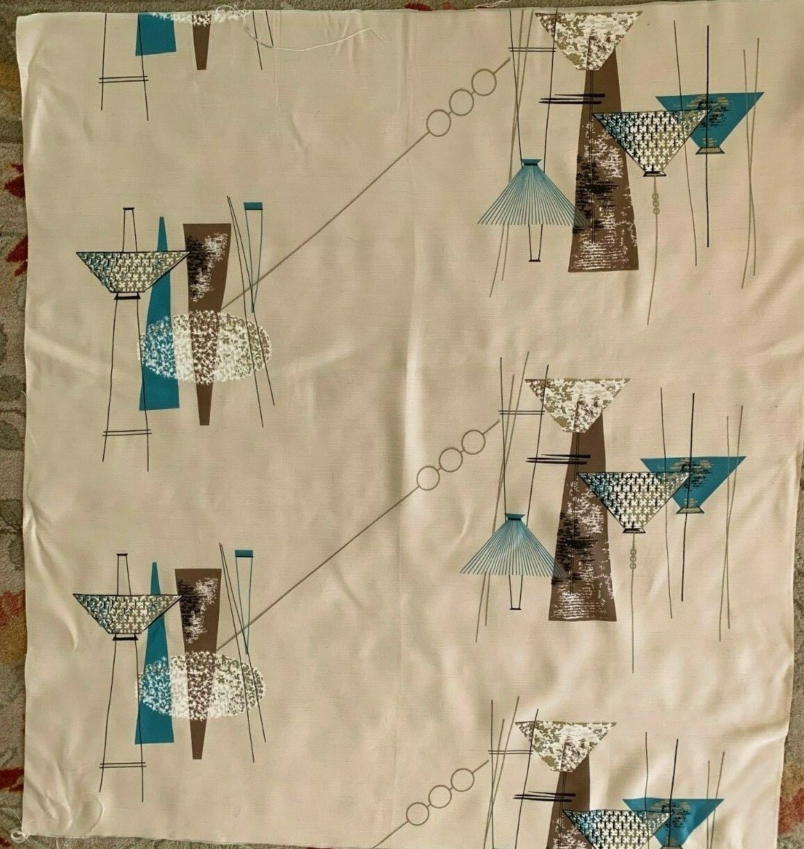 VTG  MCM MID CENTURY ATOMIC GEOMETRIC BARKCLOTH FABRIC CURTAIN BLUE TAN Teal
