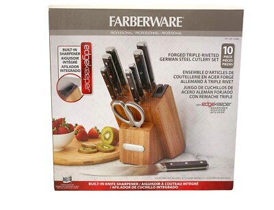Farberware 10pc Knife Set w/ Block Forged German Steel Triple Rivet w/Sharpener