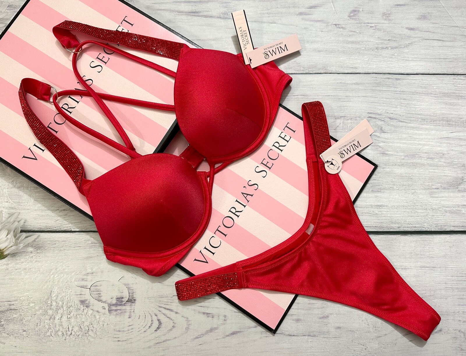 

Victorias Secret Shine Strap Swim Bombshell Add-2-Cup Thong Set Red, Wild strawberry red strap
