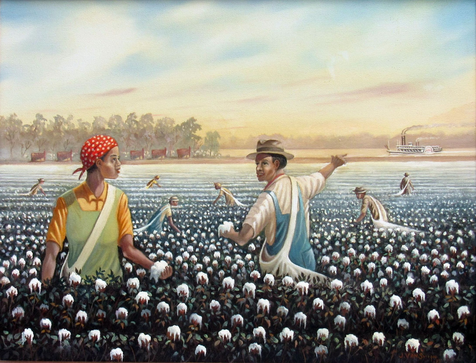 PRIMITIVE GENRE OIL PAINTING BLACK MAN & WOMAN COTTON FIELD RIVER STEAMBOAT