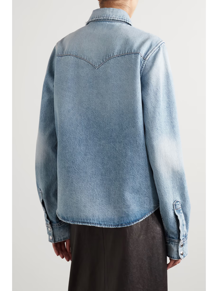 Pre-owned Khaite Wesley Distressed Denim Shirt Light Blue Snap Closure Size Xs/tp