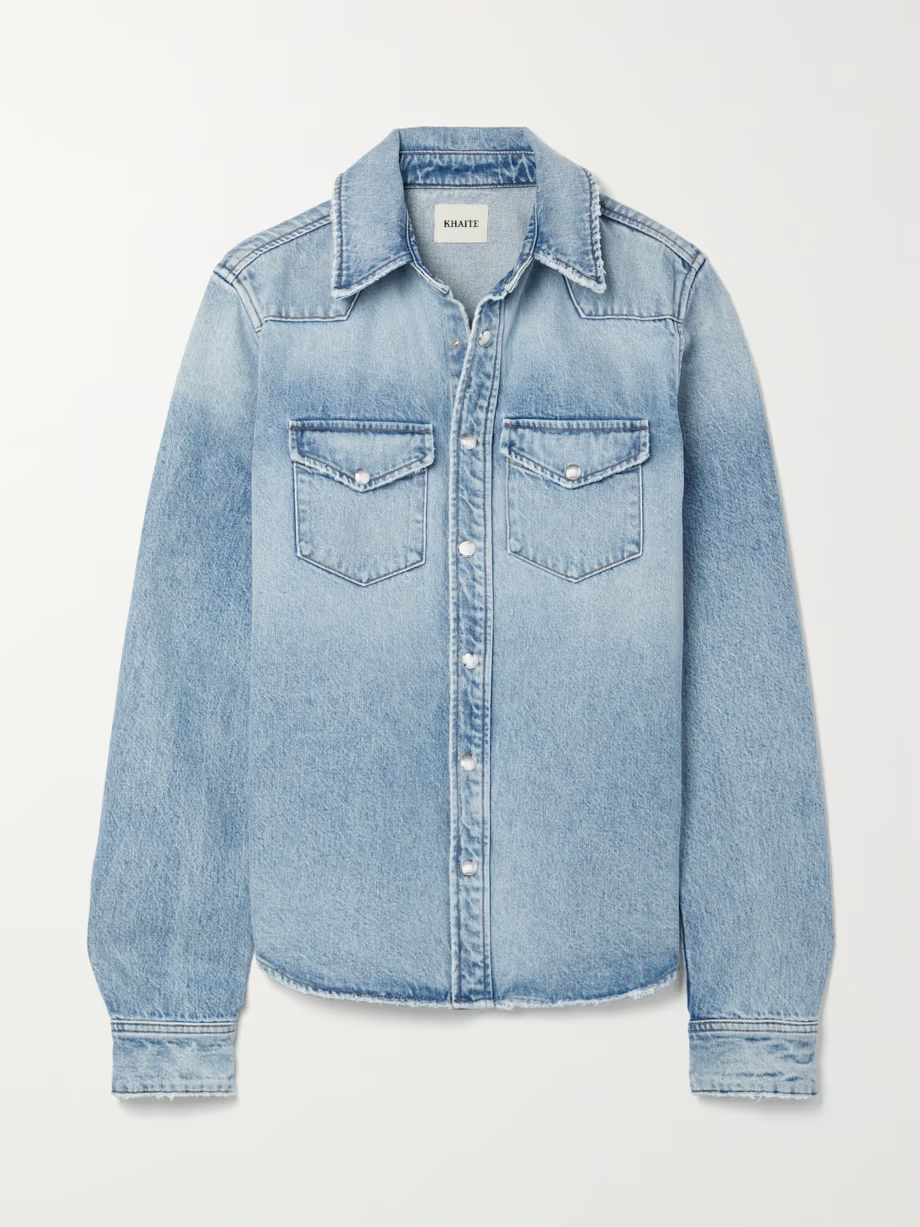 Pre-owned Khaite Wesley Distressed Denim Shirt Light Blue Snap Closure Size Xs/tp
