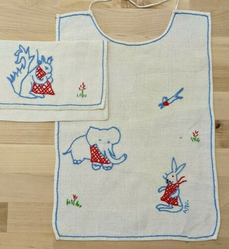 Vintage Hand Embroidered Linen Baby Bib + Small Bag- Squirrel, Elephant, Rabbit 