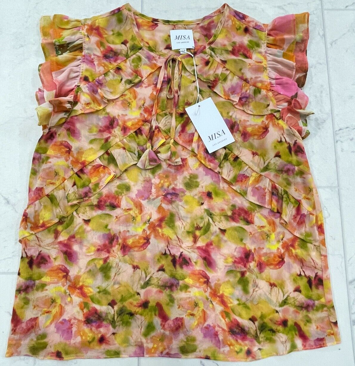 Pre-owned Misa $260  Los Angeles Emi Top In Golden Flora Mix Size: Small In Multicolor