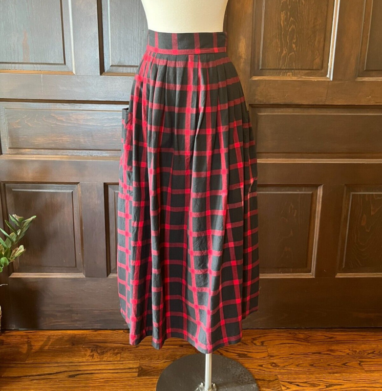 Navasota Vintage Pleated Maxi Skirt Plaid Black Red Check Cotton Xs/S W25 Usa