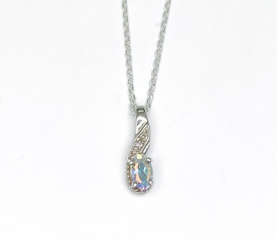 Small Oval White Mystic Topaz and Diamond Sterling Silver Pendant Necklace