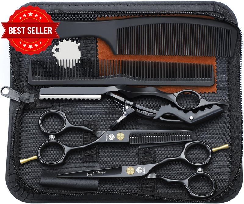 5.5 Inch Purple Hair Cutting Scissors Set with Razor, Leather Scissors Case, Bar