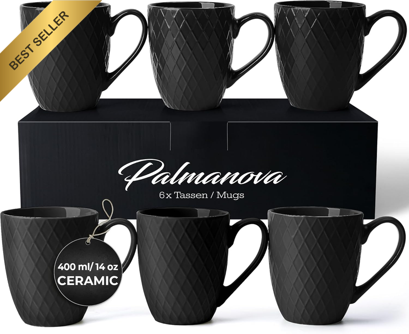 Black Modern Ceramic Coffee Mug Set of 6, 400ml - Palmanova
