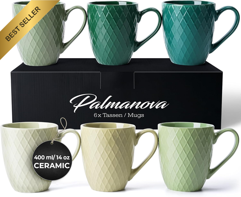 6x 400ml Coffee Mug Set, Modern Ceramic Matt Mugs, Palmanova Jungle Green