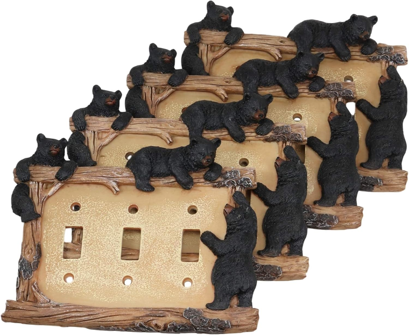 Ebros Set of 2 Novelty Woodland Rustic Forest Black Bear by Branch Twigs Wall Light Cover Plate Hand Painted Sculpted Resin Home Decor Accessory (4, Triple Toggle Switches)