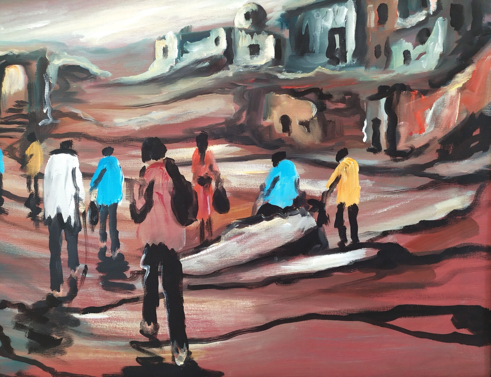 Original Italian Modern Surrealist Oil Painting Landscape with Figures signed