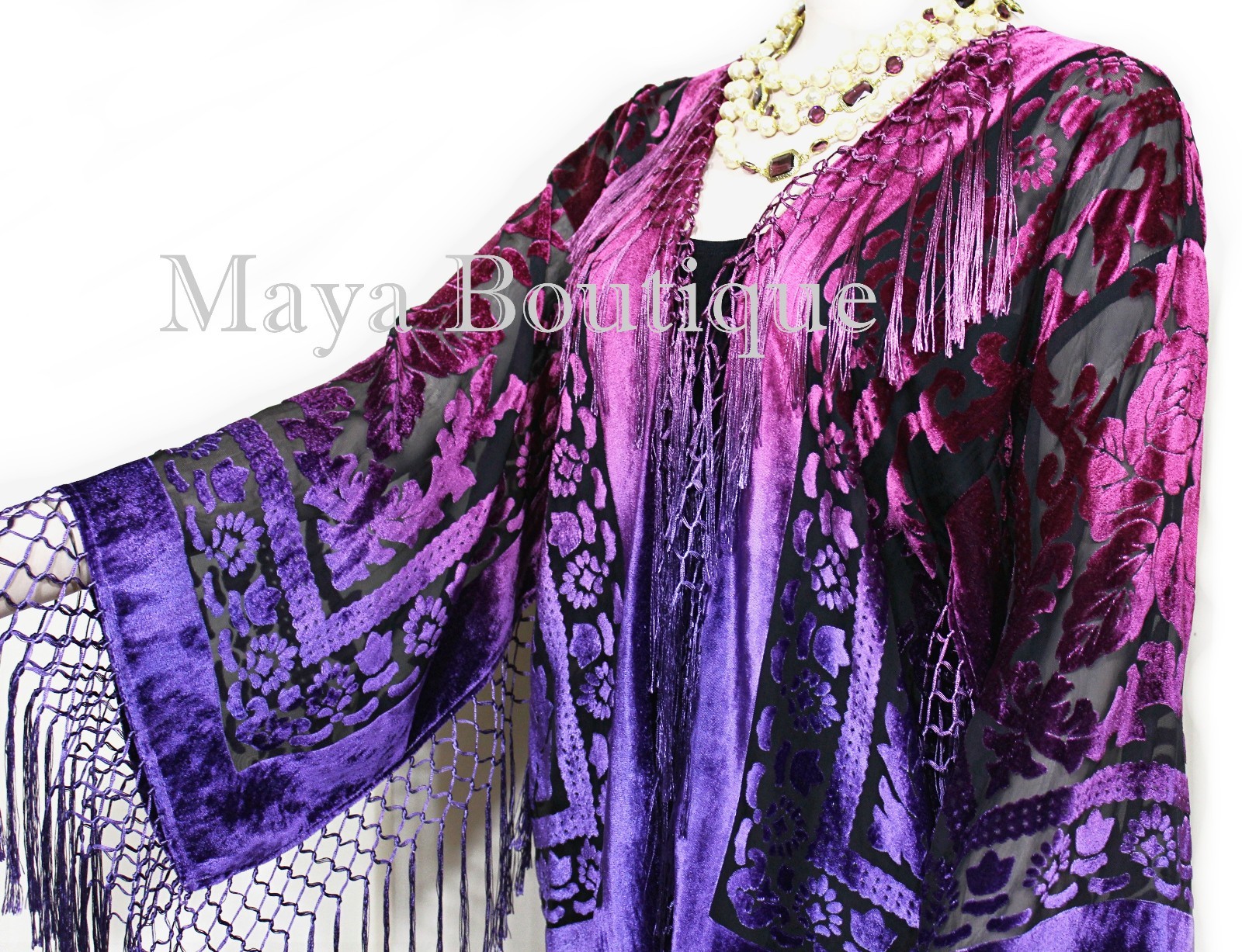 Pre-owned Maya Matazaro Art To Wear Burnout Velvet Kimono Jacket Hand Dyed Violet Magenta  In Violet Magenta Ombre