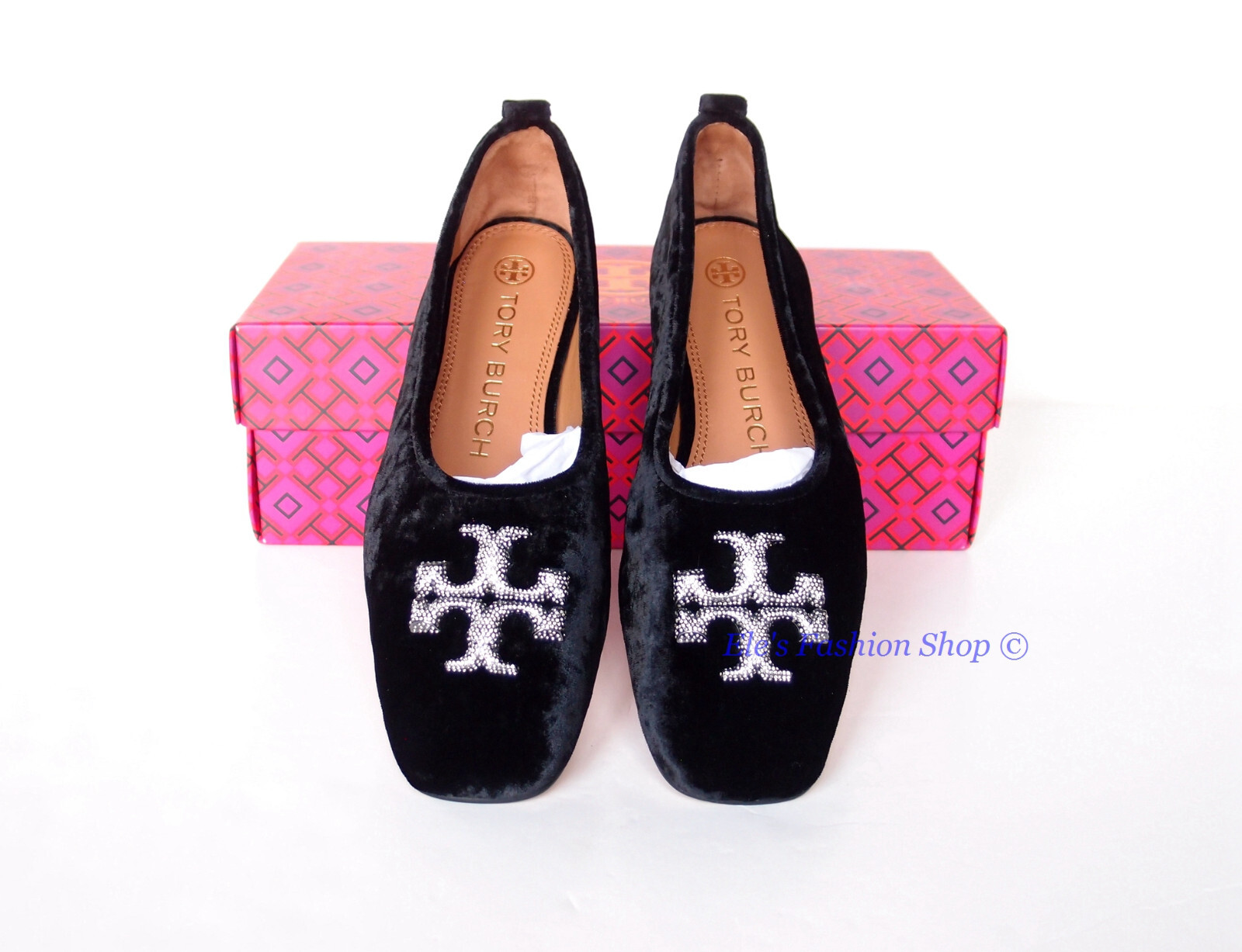 Pre-owned Tory Burch Eleanor Pave Crystal Logo Velvet Ballet Flat Black 7 7.5 8 8.5 9