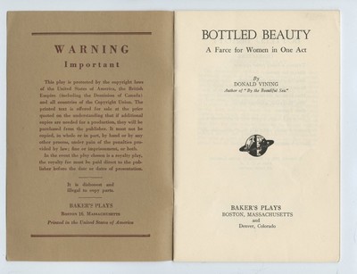 Bakers Plays for Amateurs -BOTTLED BEAUTY - Walter H. Baker Company - 1950 - USA
