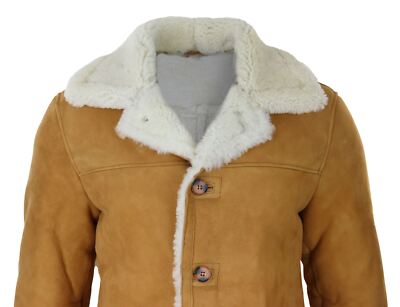 Pre-owned Truclothing Mens 3/4 Genuine Sheepskin Coat Classic Tan Brown Camel Jacket Cream Fur