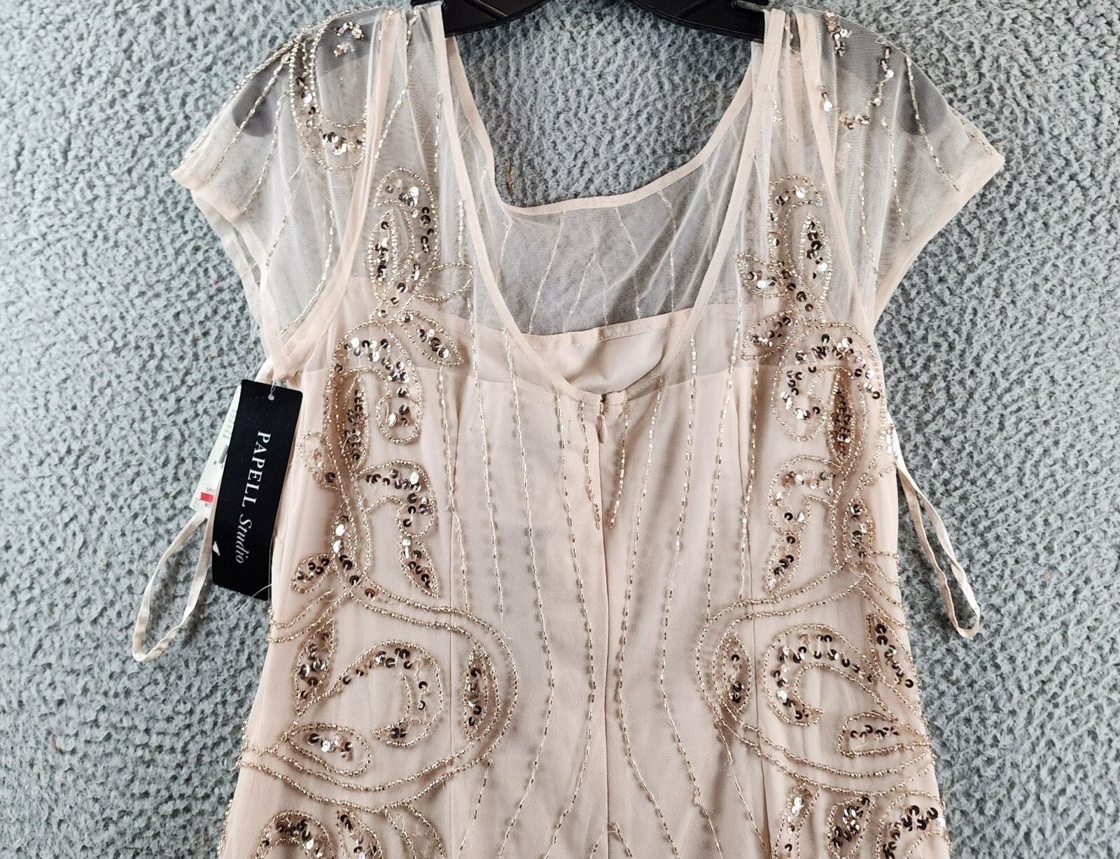 Papell Studio Beaded Cocktail Dress Women's 10 Beige Boat Neck Back Zip Closure - Picture 17 of 17