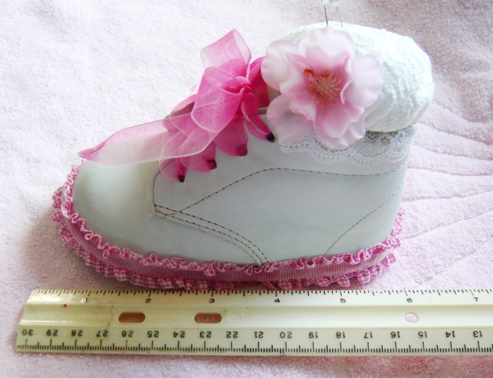 Shabby Chic Romantic Cottage  Baby Shoe Pin Cushion Pink and White