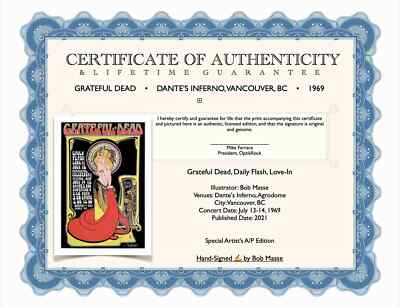Grateful Dead Poster Dantes Inferno Vancouver 1967 New Hand-Signed A/P Bob Masse