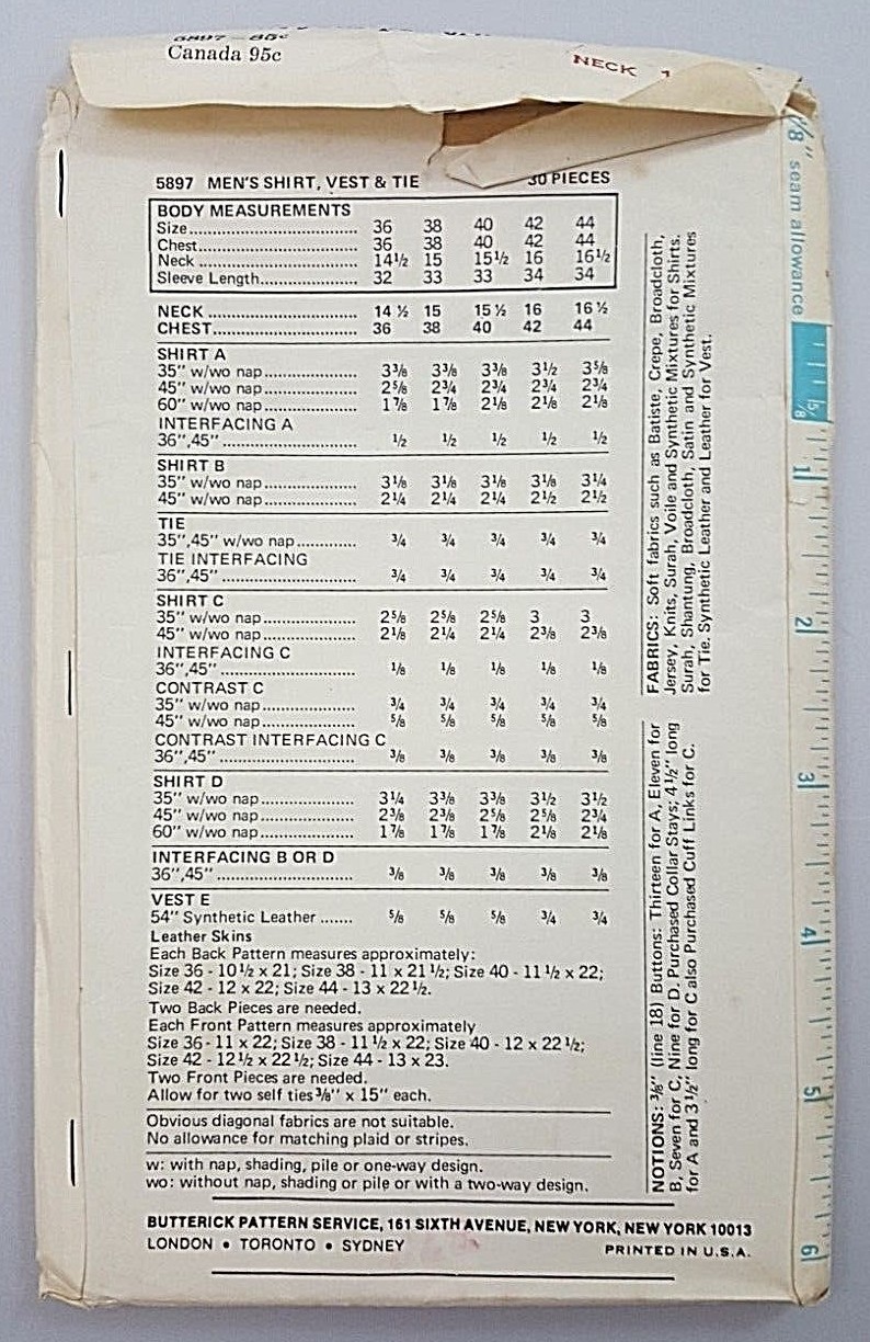 Vintage Butterrick Pattern 5897 Mens Shirt, Vest, and Tie