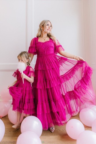 MAC DUGGALハイビスカスプリントシフォンロングドレス Hibiscus Printed Chiffon Ruffle Long Sleeve V Neck Maxi