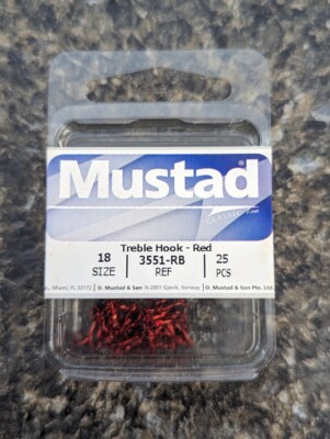 Mustad 3551RB-018 Blood Red - Size 18 - Small Treble Hooks - Trout Panfish