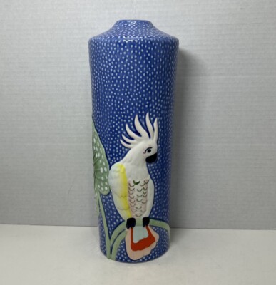 Opal House Cockatoo Bird Embossed Flower 13  Vase Stoneware Boho Jungalow