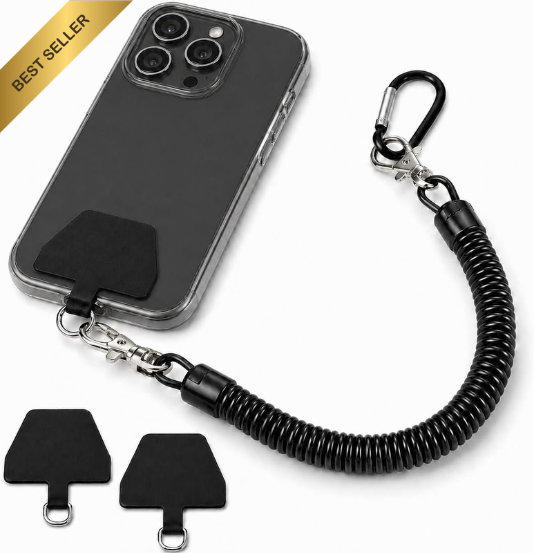 Black Universal Phone Lanyard with Anti-Lost Elastic Tether Strap and Patch, Wri