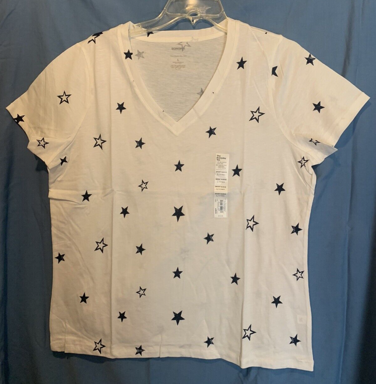 Sonoma L White w/Navy Stars Lightweight Knit Top, v neck, short