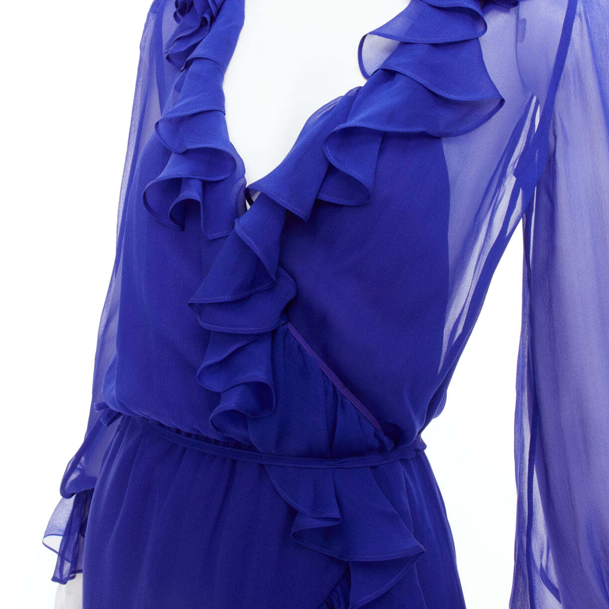 SAINT LAURENT 2020 Runway cobalt blue 100% silk ruffle wrap