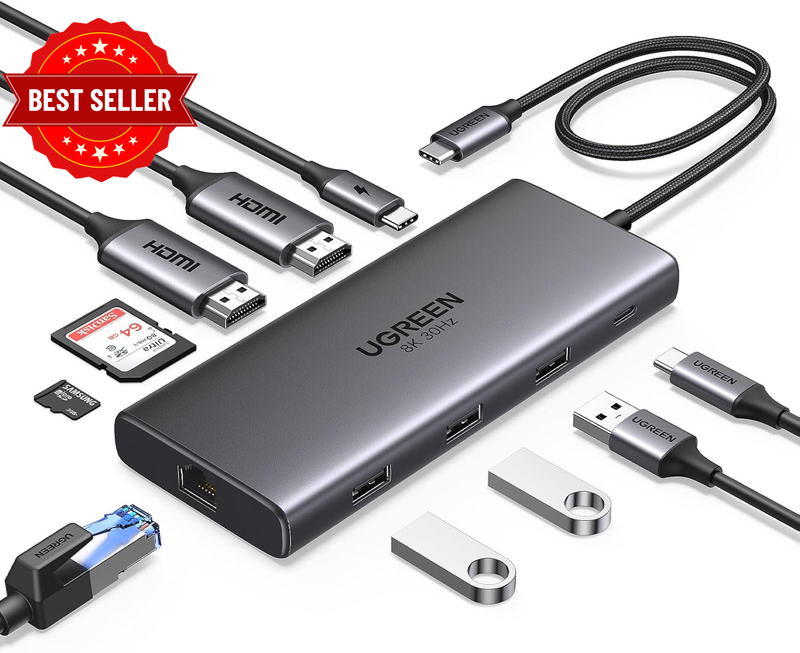 USB C Dock 10-In-1 with Dual HDMI 4K@60Hz, Single 8K@30Hz | Gigabit Ethernet, 10