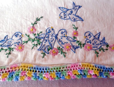 New Birds & Flowers Hand Embroidered Crochet Pair Pillow Case completed   PC35