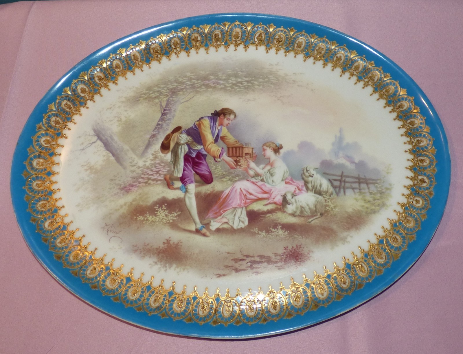 Beautiful Antique Sevres French Porcelain Platter Tray Hand Painted E. Grisaro